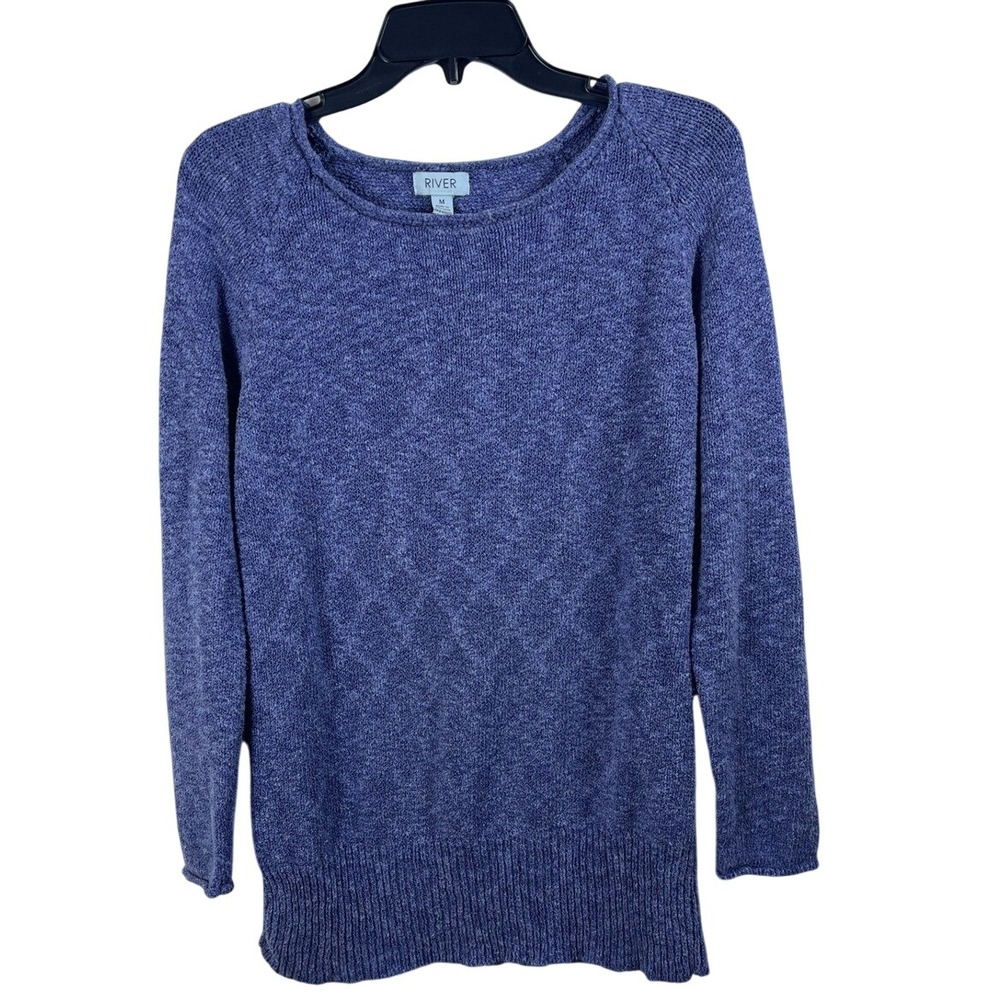 River Women Blue Marl Knit Diamond Texture Button Side Sweater Medium